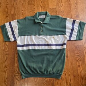Vtg Hukapoo Mens Green White Stripe Waffle Knit Short Sleeve Polo Shirt Size L